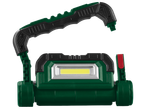 Зелен и черен LED прожектор с регулируема дръжка и жълта светлина.