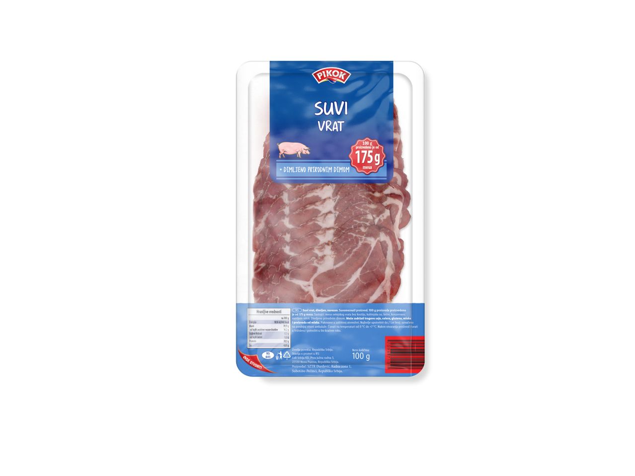 Pakovanje Pikok suvog vrata, dimljenog prirodnim dimom, 175g.