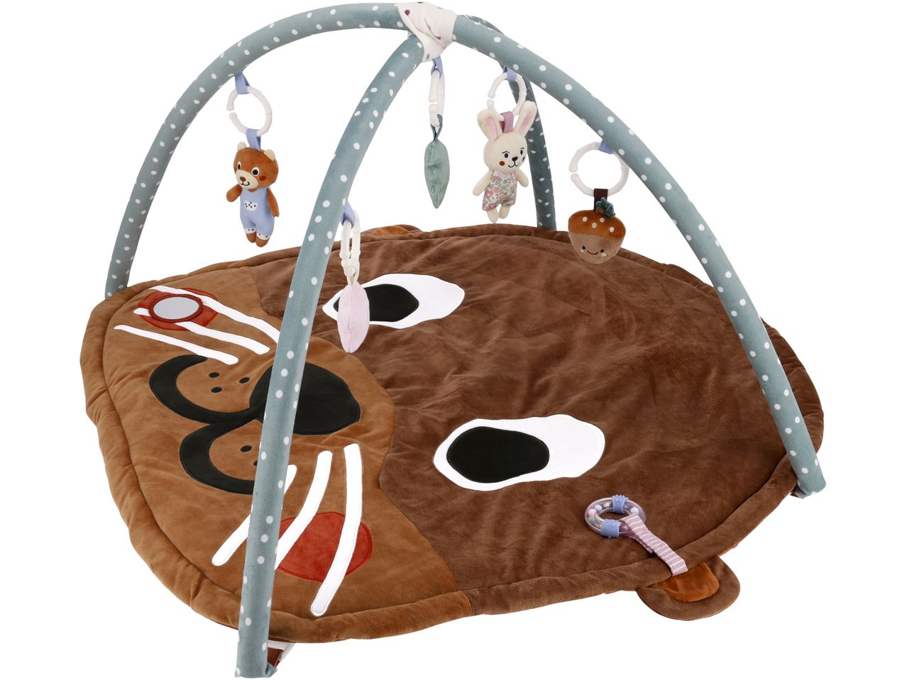 A Baby Activity Gym like a brown bear's face with hanging toys.