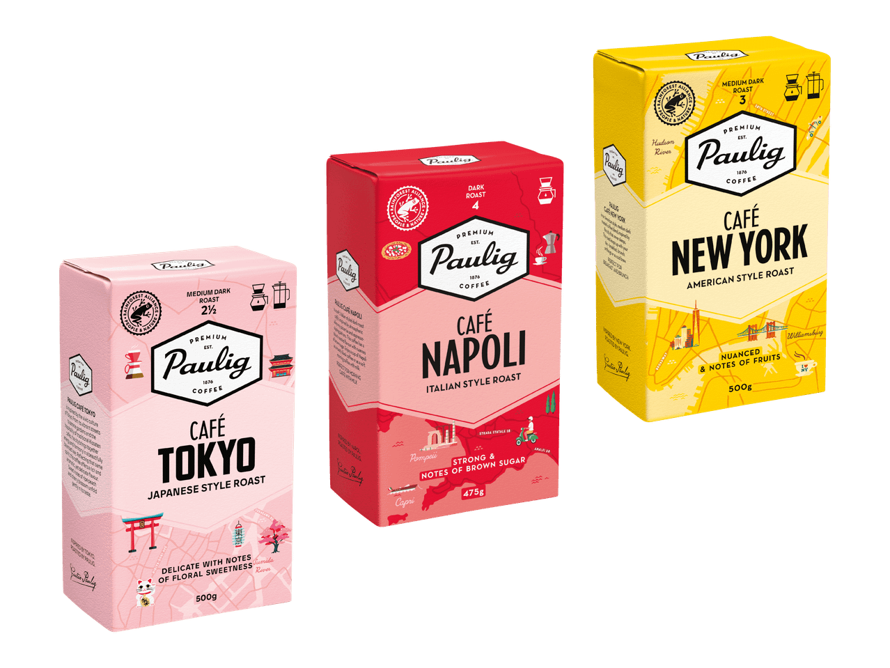 Kolme kahvipakkausta: vaaleanpunainen 'Café Tokyo', punainen 'Café Napoli' ja keltainen 'Café New York'.