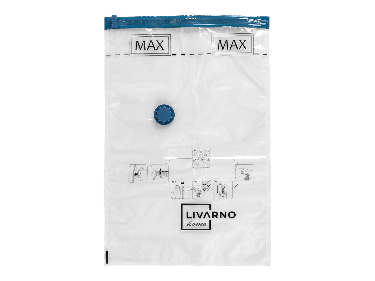 Livarno Home vakuuma uzglabāšanas maisiņš ar instrukcijām un maksimālās piepildīšanas līniju.