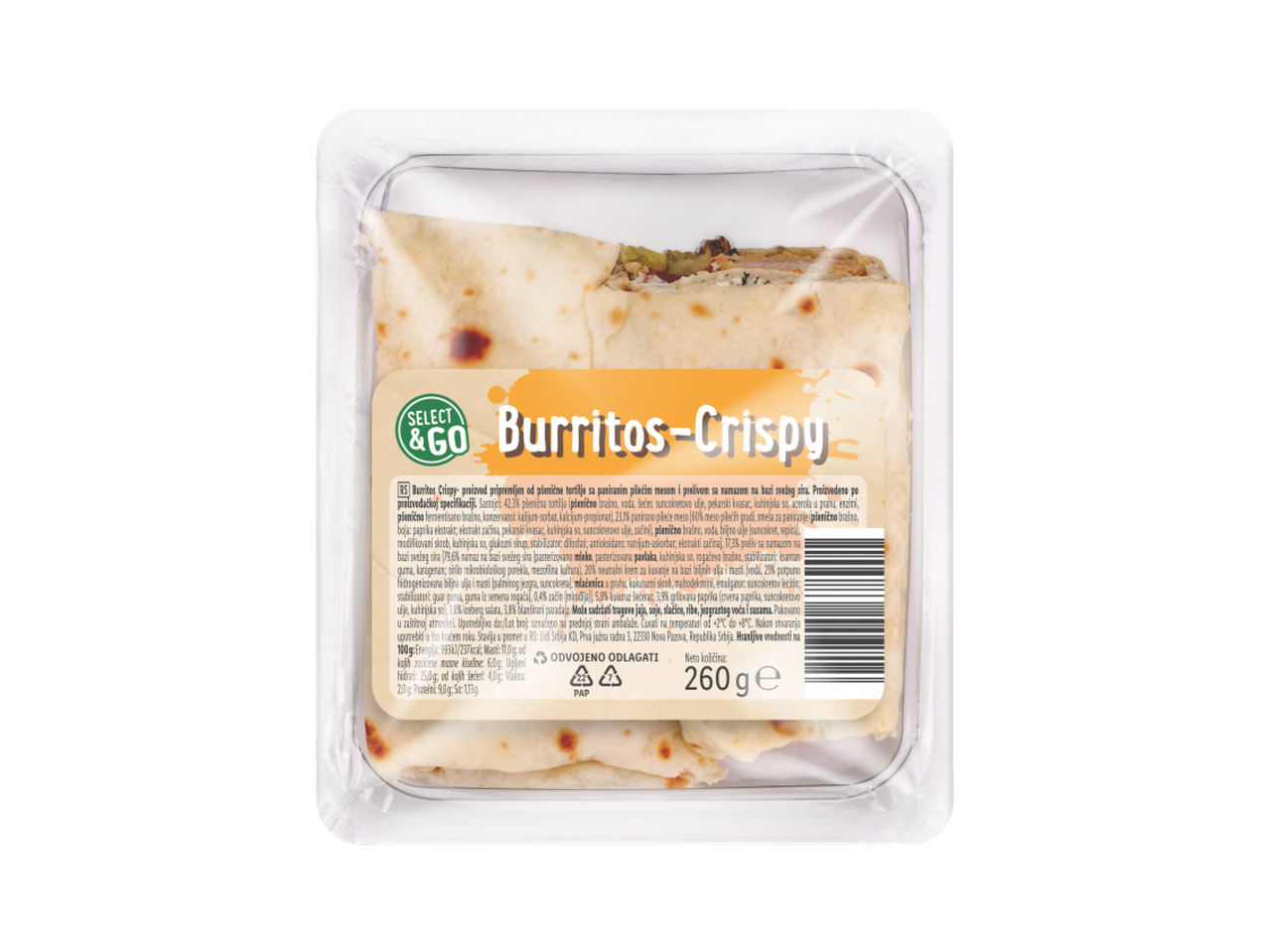 Burito sa piletinom i sirom u providnom pakovanju, sa natpisom 'Burritos-Crispy' i informacijama o proizvodu.