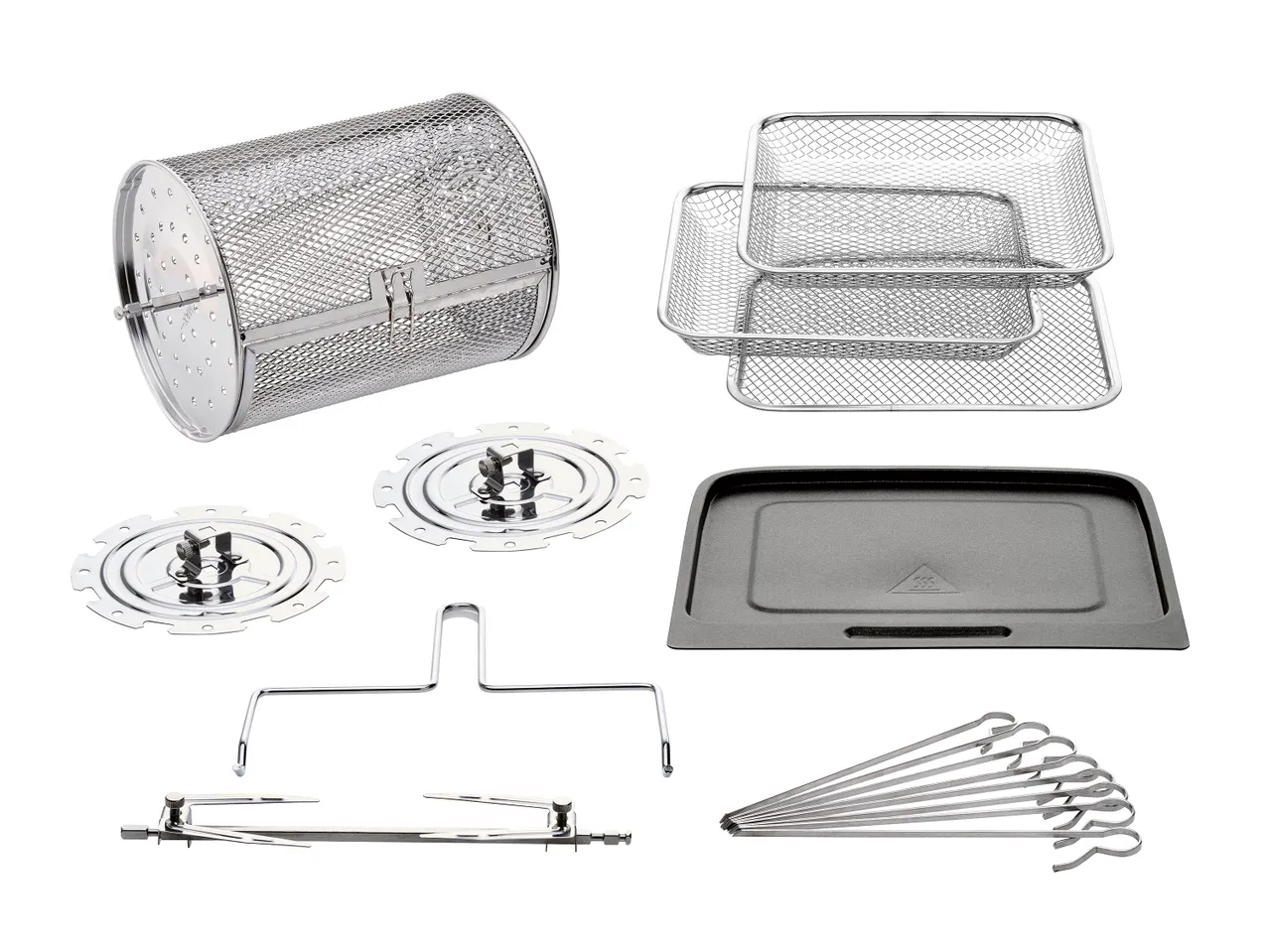 Lidl fritőz tartozékok: forgó kosár, rácsok, nyársak, tálca és egyéb kiegészítők.