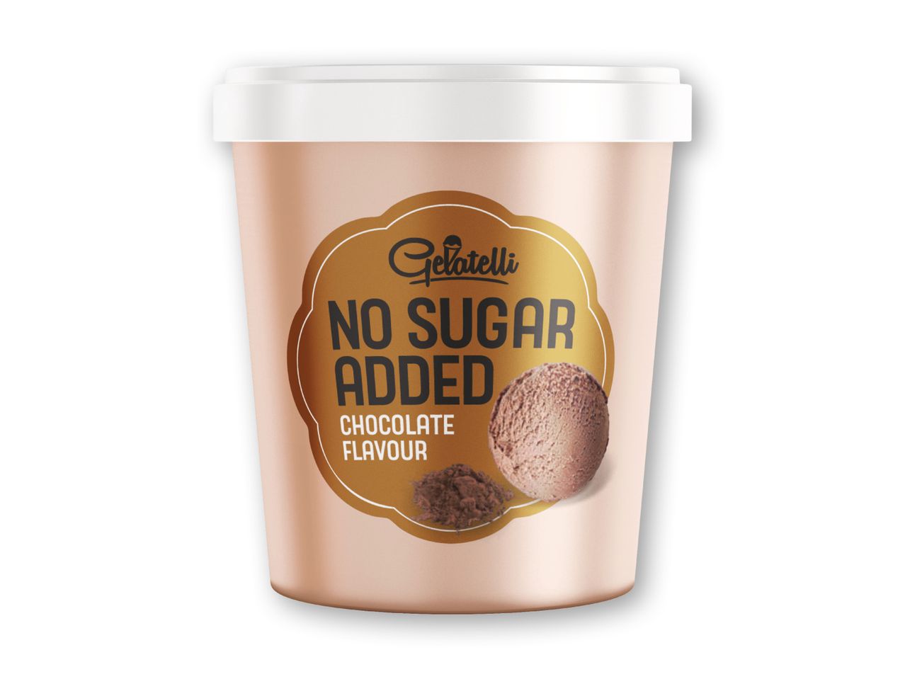 Gelatelli 'No Sugar Added' chokoladeis i en beholder.