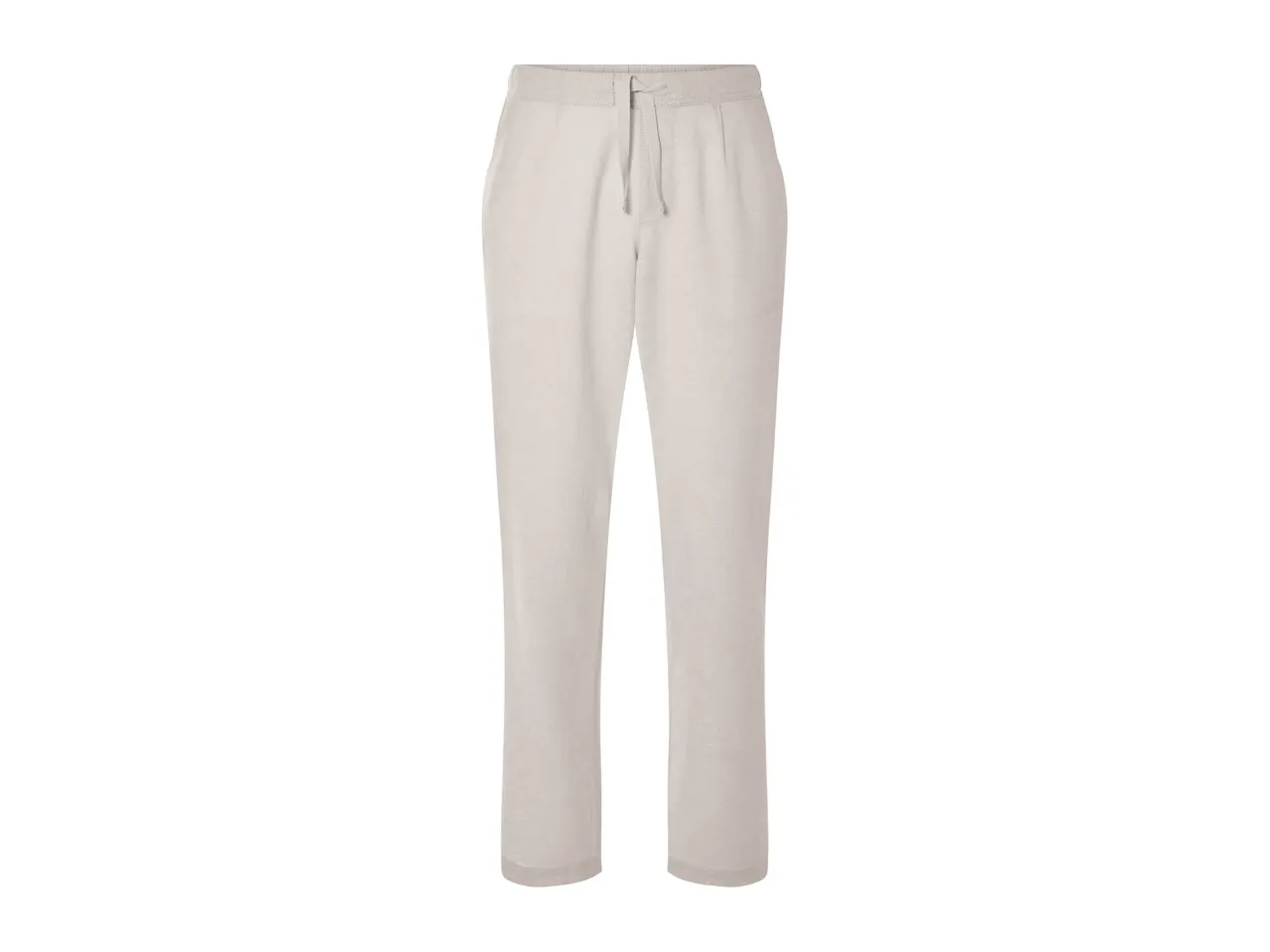 Beige pleated trousers.