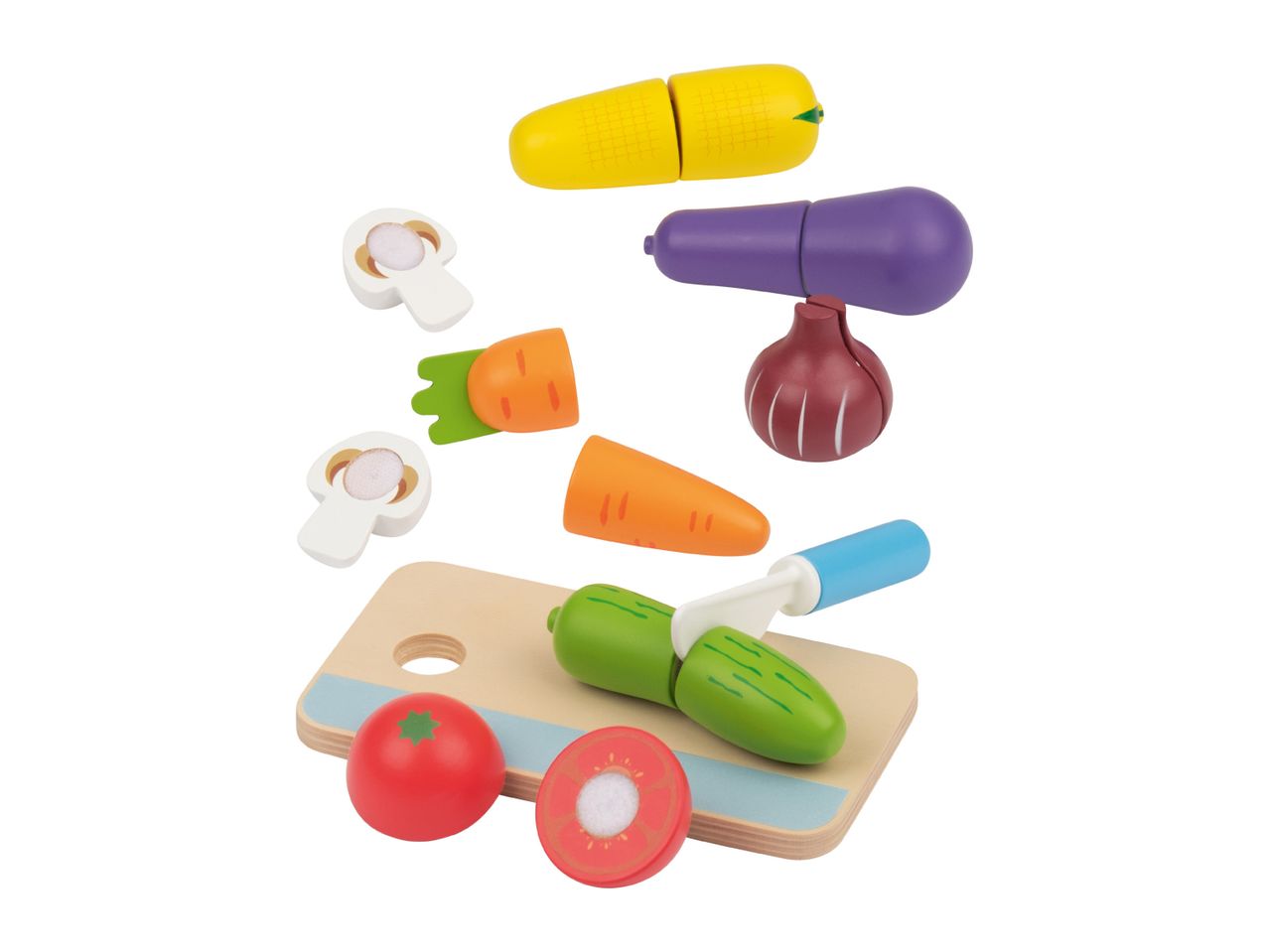 Wooden toy vegetables including corn, eggplant, onion, carrots, mushrooms, cucumber, tomato, and a cutting board with a knife.