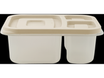 A beige plastic food container with divided compartments and a lid.