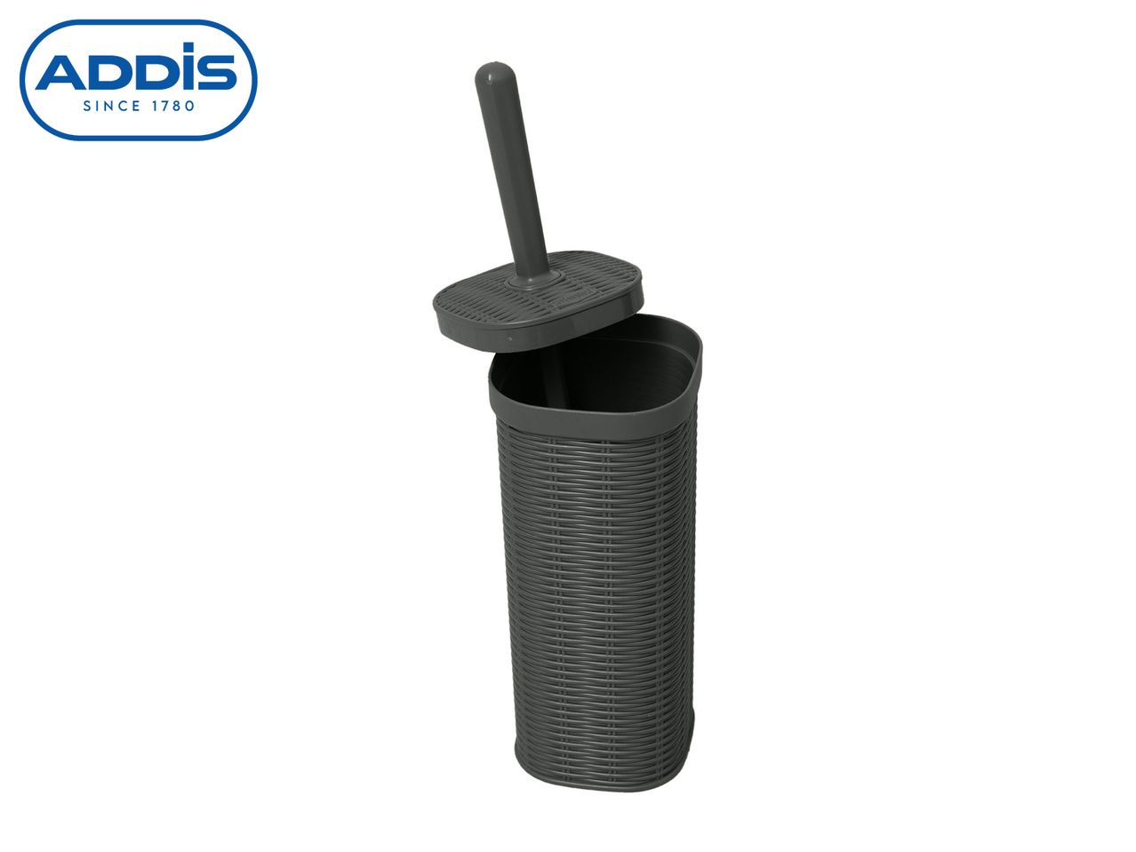 Grey toilet brush with a woven-look holder, lid slightly ajar