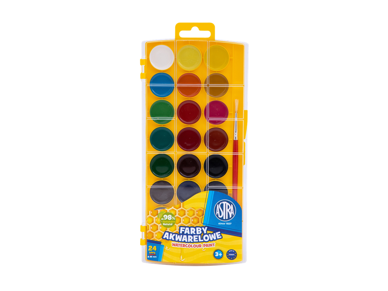 Tintas aquarela Astra em caixa de plástico amarela com pincel.