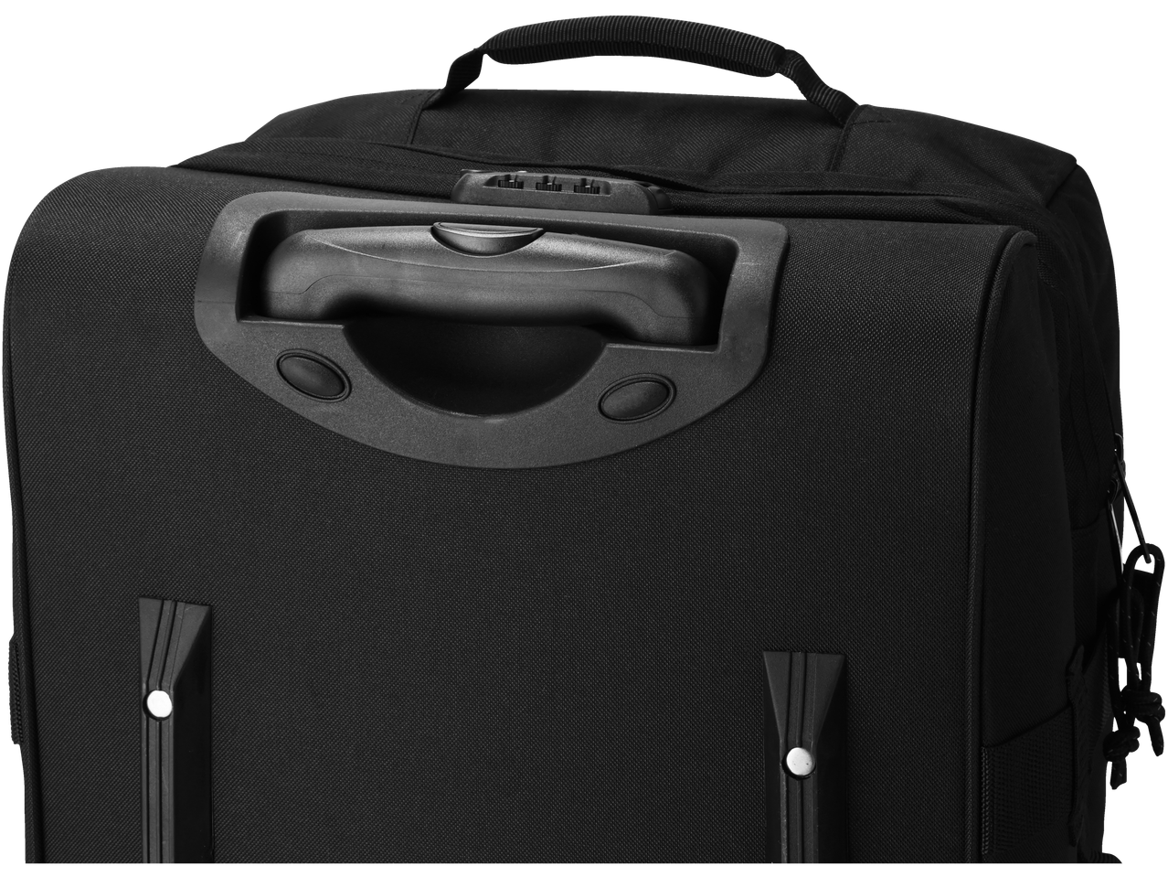 Close-up of the back of a black rolling backpack with a retractable handle and combination lock.