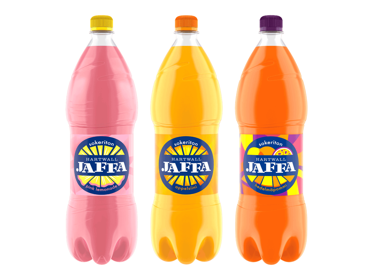 Kolme sokeritonta virvoitusjuomapulloa eri mauissa: pink lemonade, appelsiini ja hedelmäpommi.