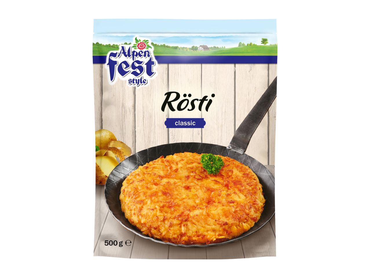 A 500g package of classic Rösti potato pancake in a frying pan.