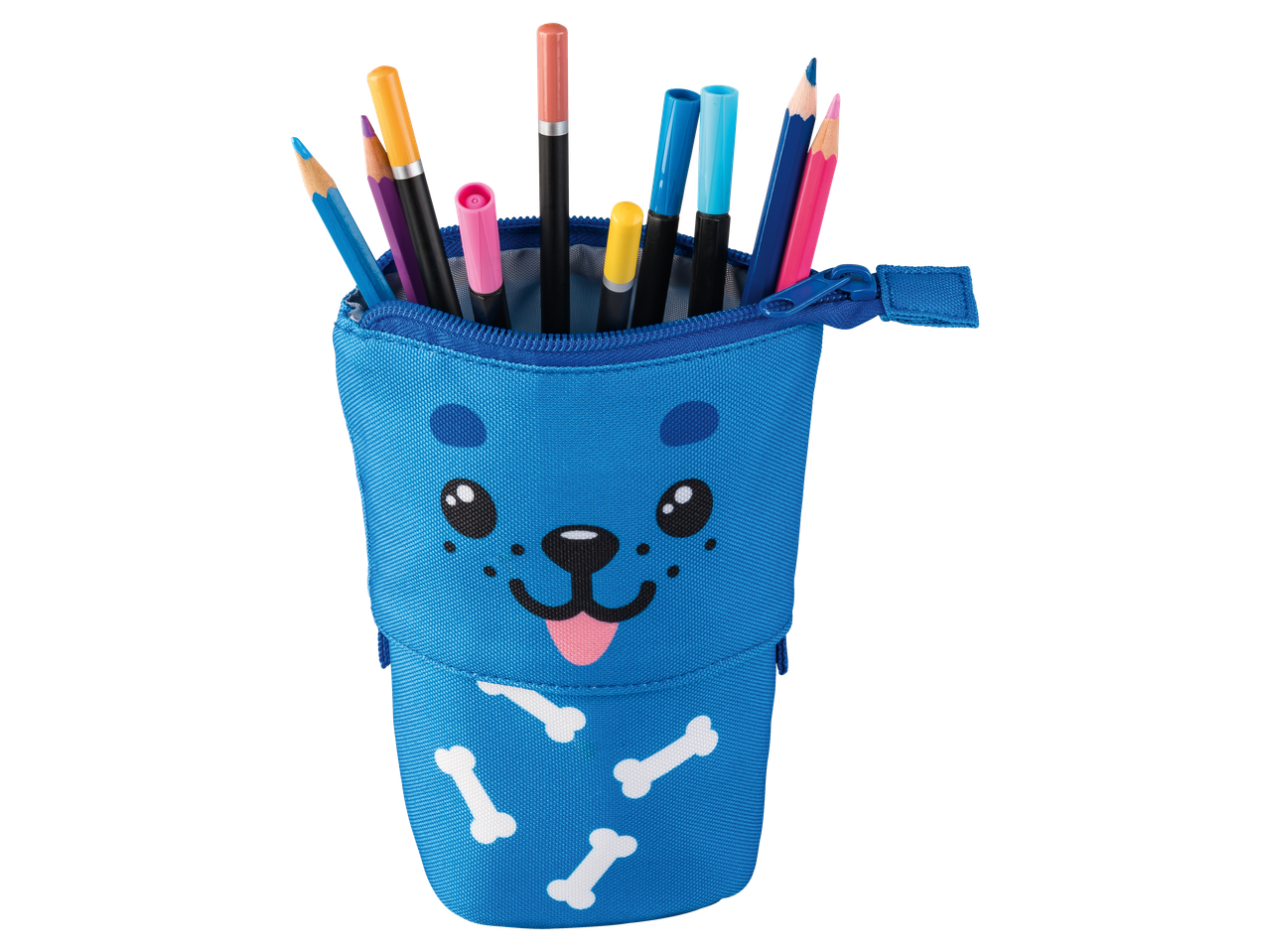 Estojo azul com motivo de cão cheio de lápis de cor e canetas de gel