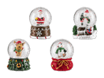 Vier Weihnachtsschneekugeln mit Santa, Schneemann, Rentier und Pinguin.