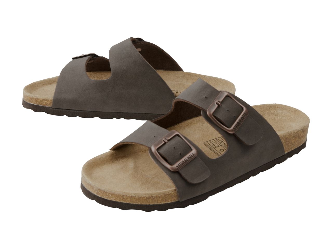 To brune Natural Walk sandaler med dobbelt spænde ligger på hvid baggrund.