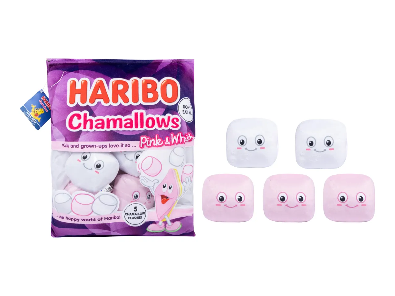 Plush marshmallow toys in a bag, with individual white and pink plushies displayed.