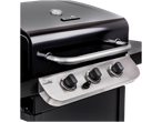 Grelhador a gás Char-Broil preto com tampa brilhante e painel de controlo em aço inoxidável.