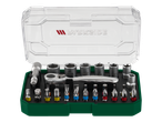 PARKSIDE® ratchet and socket bits set in a green and clear case.