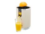 Orange juicer with an orange half on top, pouring juice into a glass.