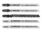 Five jigsaw blades for hardwood, speed wood, and basic metal cutting.