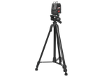 A black laser level on a tripod, with red accents and a green bubble level.
