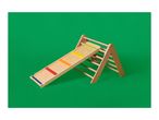 Wooden climbing frame with a slide featuring colorful steps on a green background.