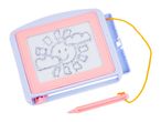 Pink and purple magnetic drawing board with a pen, featuring a drawn smiley face.
