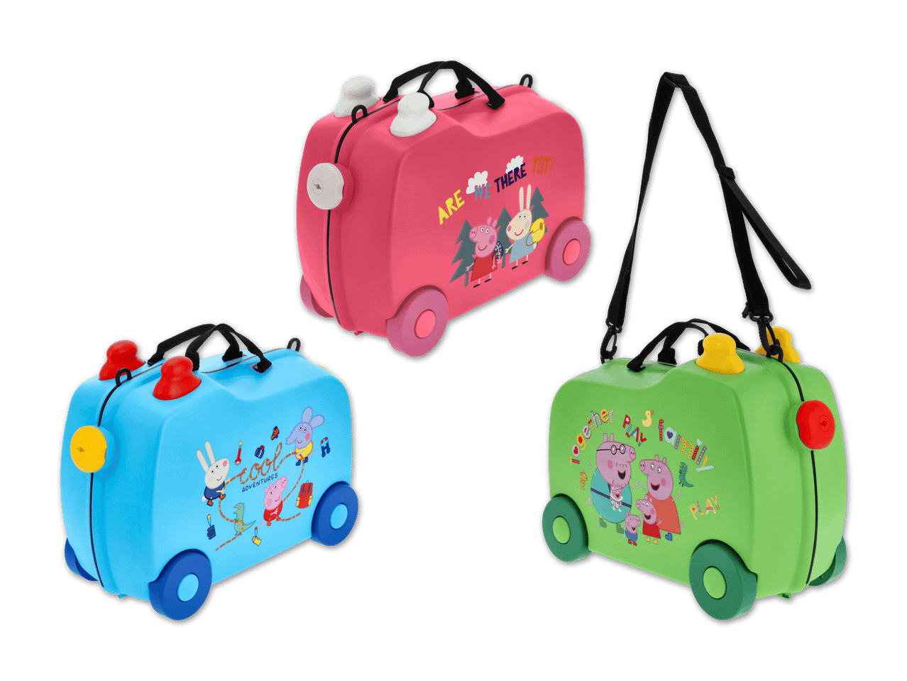 Drei Kinderkoffer in Pink, Blau und Grün mit verschiedenen Tiermotiven und Texten.