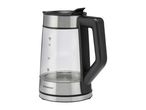 Glass kettle with a black handle and lid, showing water level markings up to 1.7L.