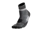 A black and grey running sock with a mountain logo.
