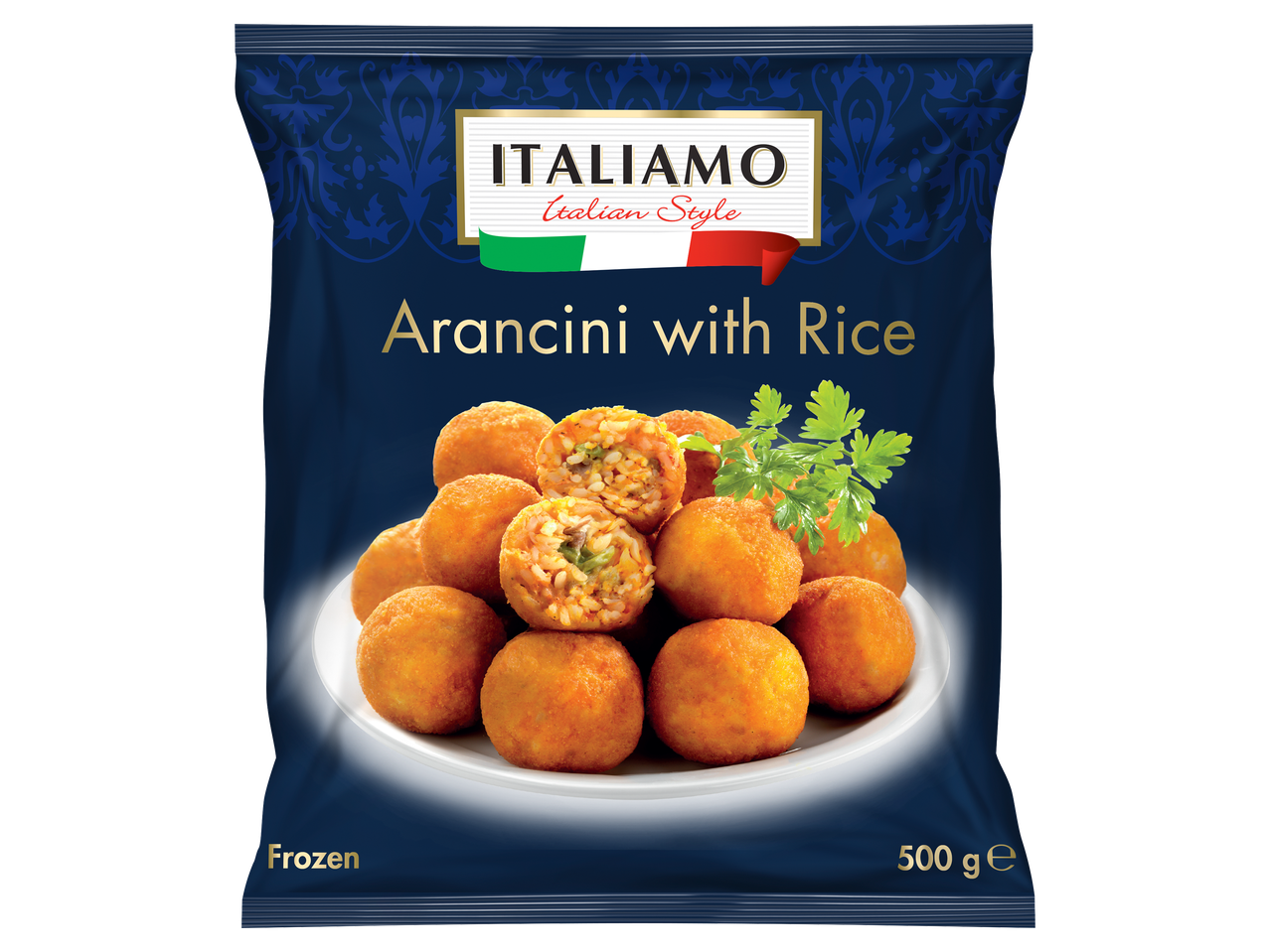Mélyhűtött, rizses arancini golyók 500 g-os kiszerelésben.