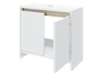 Armário de lavatório LIVARNO branco com portas abertas e prateleira interna em tom de madeira.