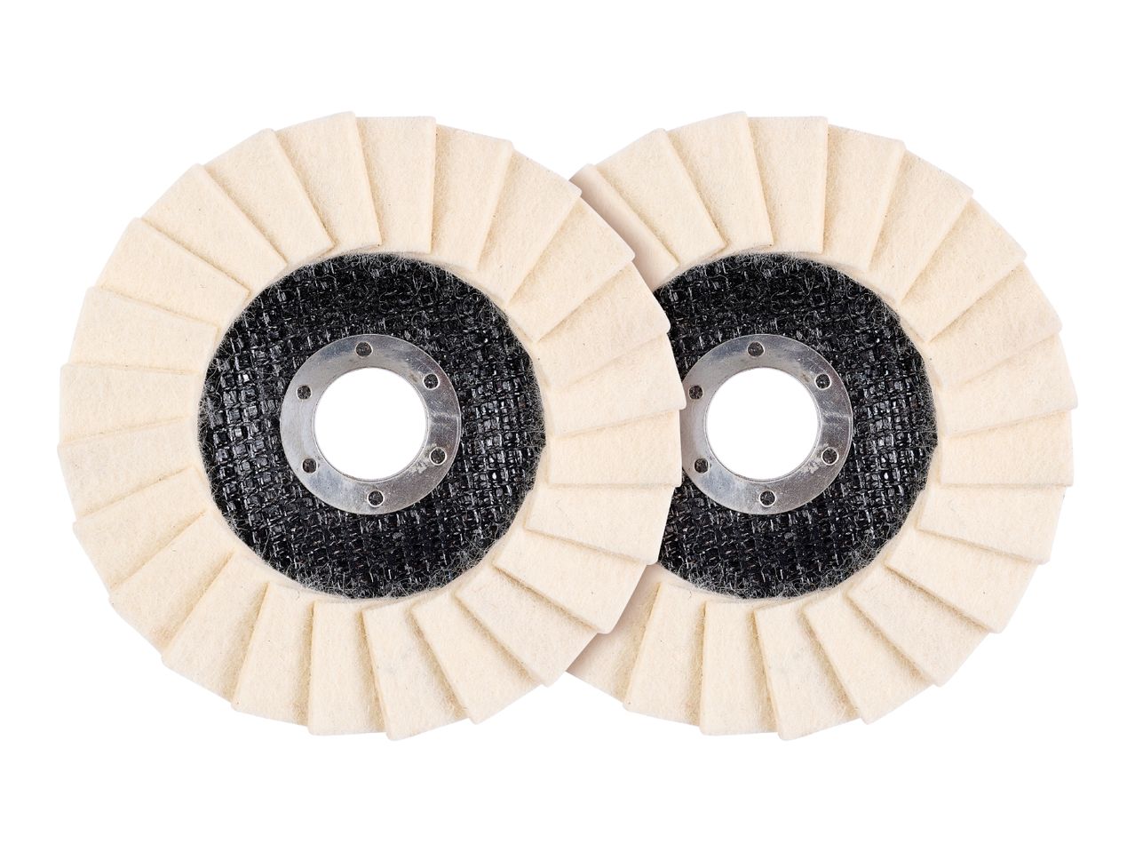 Two white felt polishing flap discs with black centers and metal rings.