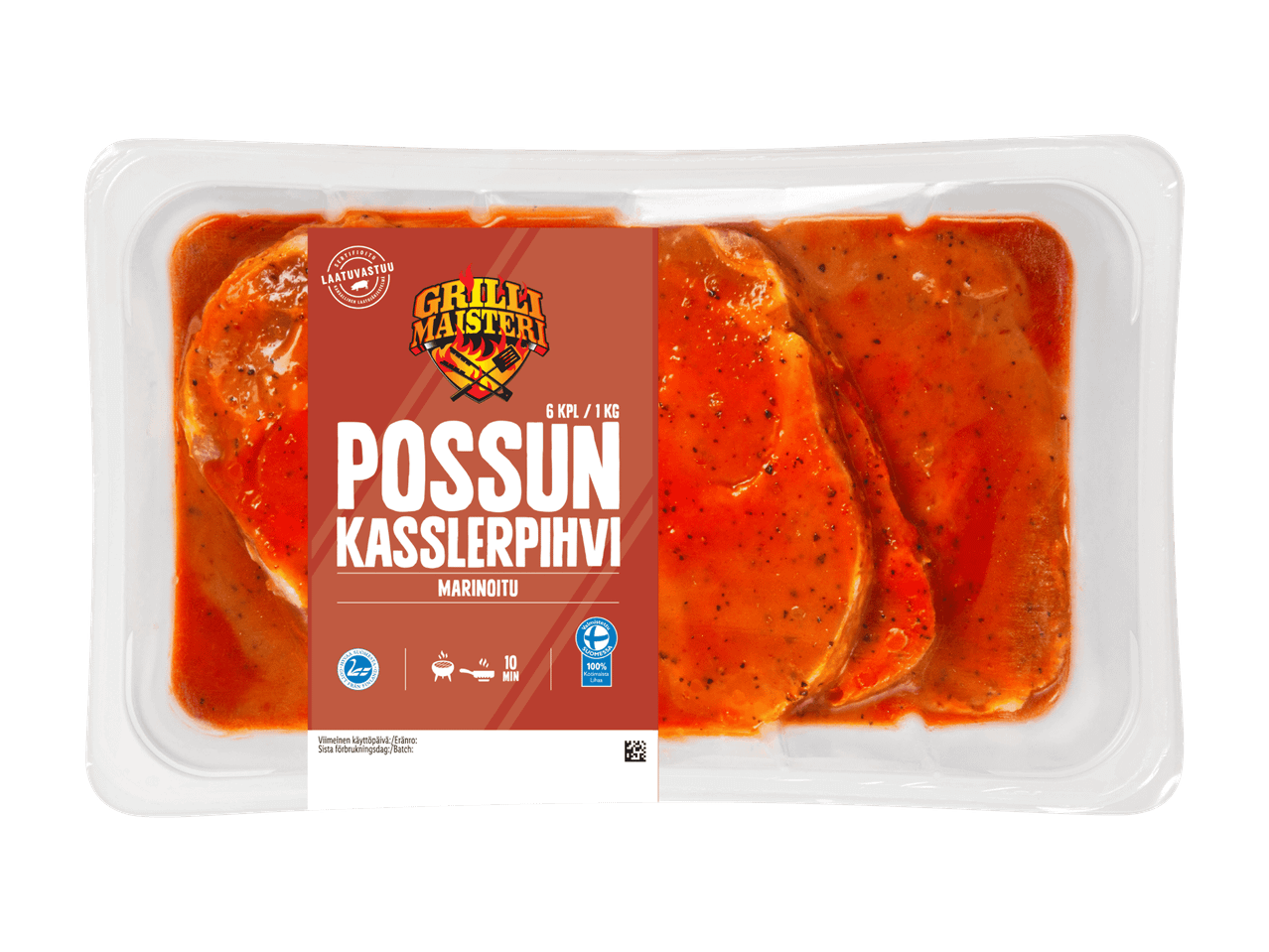 Kuusi marinoitua porsaan kasslerpihviä pakkauksessa, valmiina grillaamiseen.
