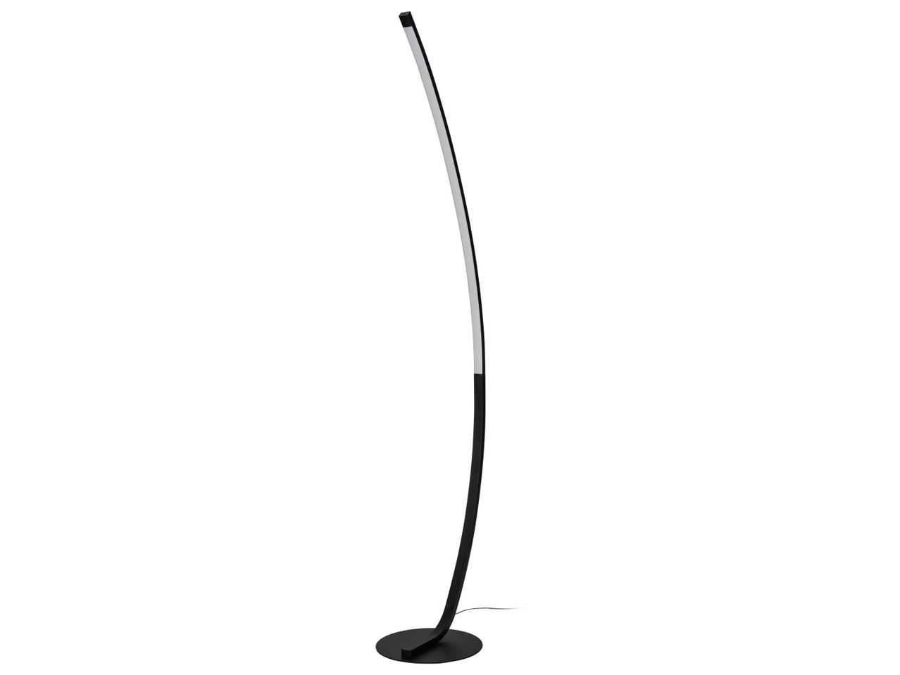Lampada da terra a LED nera con design curvo e base rotonda.