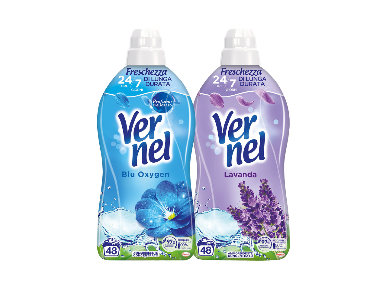 Due flaconi di ammorbidente Vernel, uno al profumo di lavanda e uno al profumo di fiori di campo.