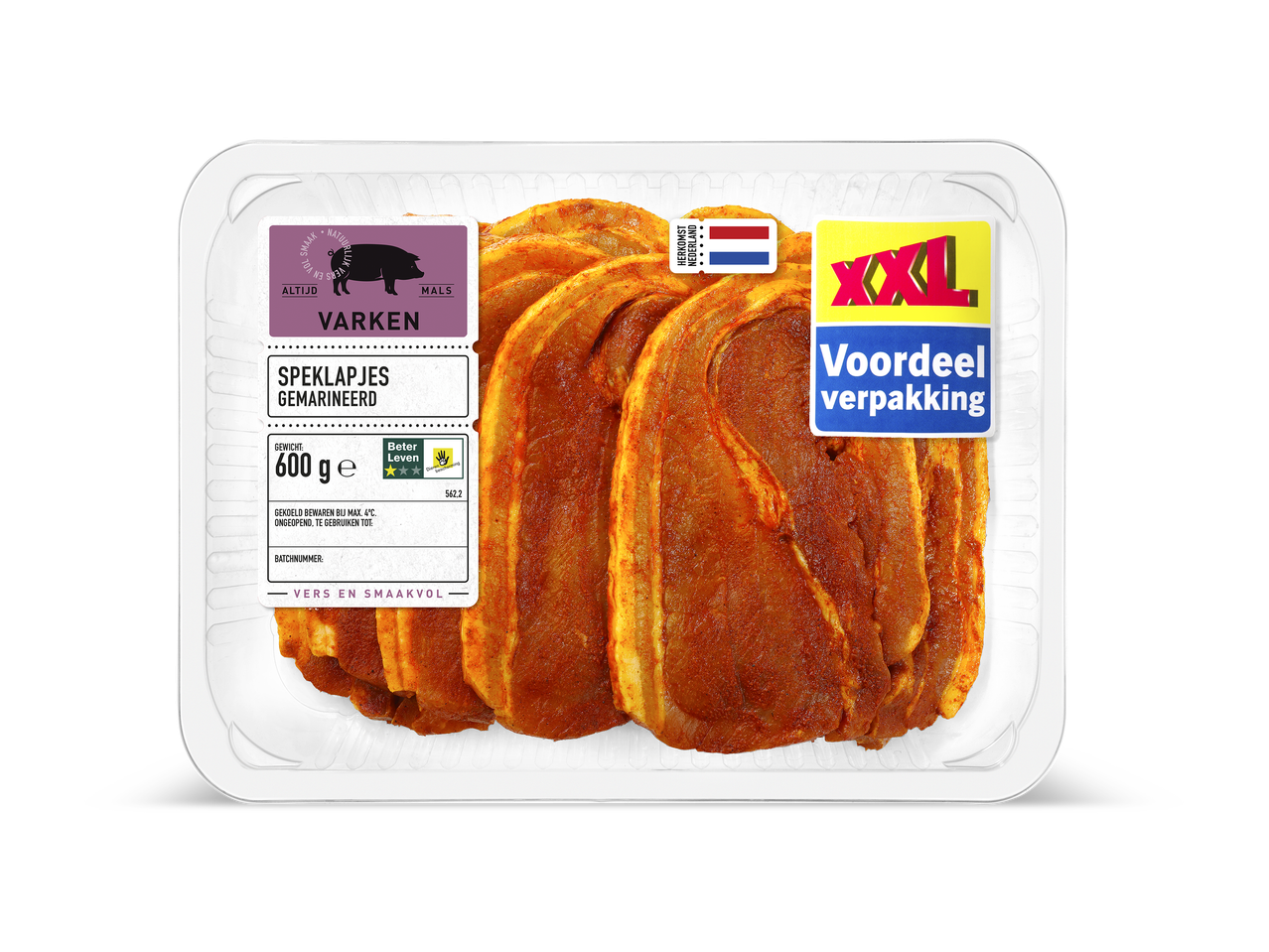 Een verpakking gemarineerde speklapjes van 600 gram, met de tekst 'XXL Voordeelverpakking'.