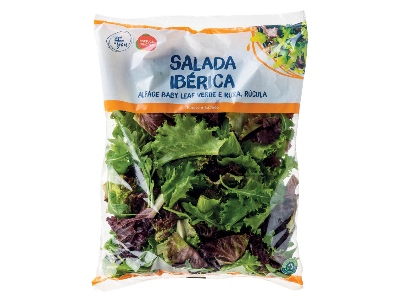 Embalagem de Salada Ibérica Chef Select com alface baby leaf verde e roxa, e rúcula.