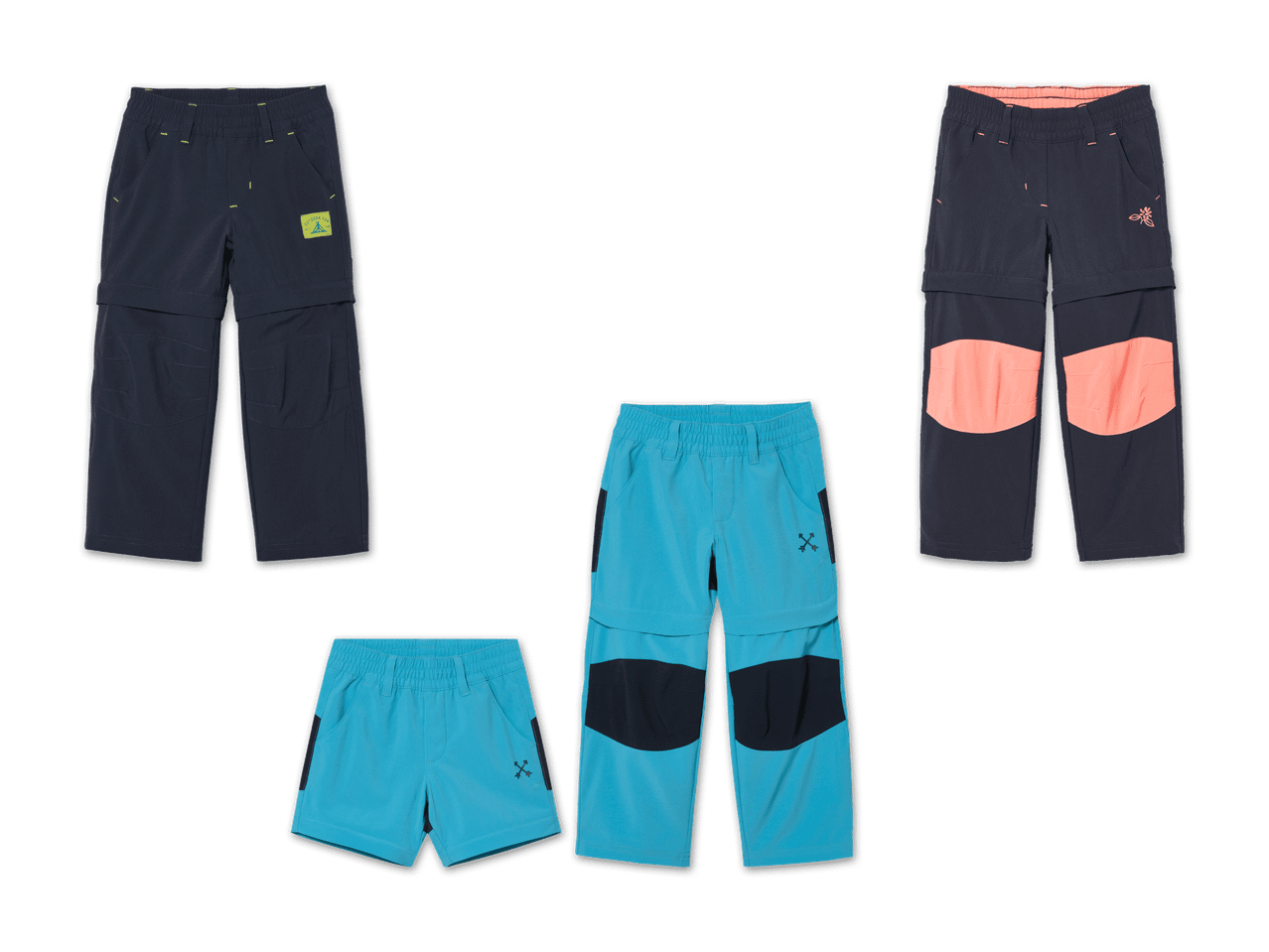 Drei Paar Kinder-Outdoorhosen, zwei davon in voller Länge und eines als Shorts.