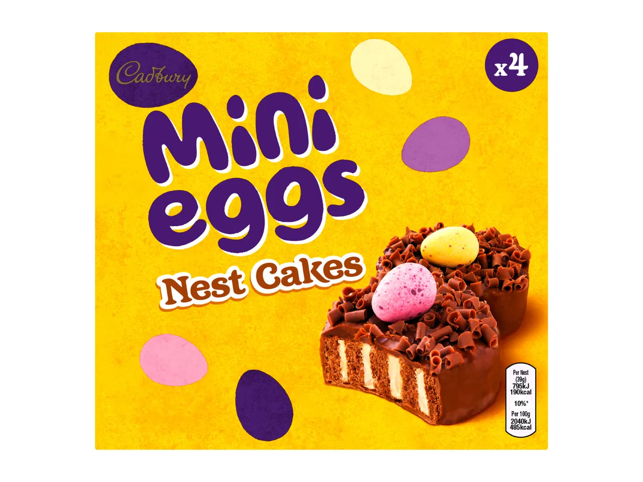 Mini egg nest cakes with chocolate curls and speckled mini eggs on a yellow background.