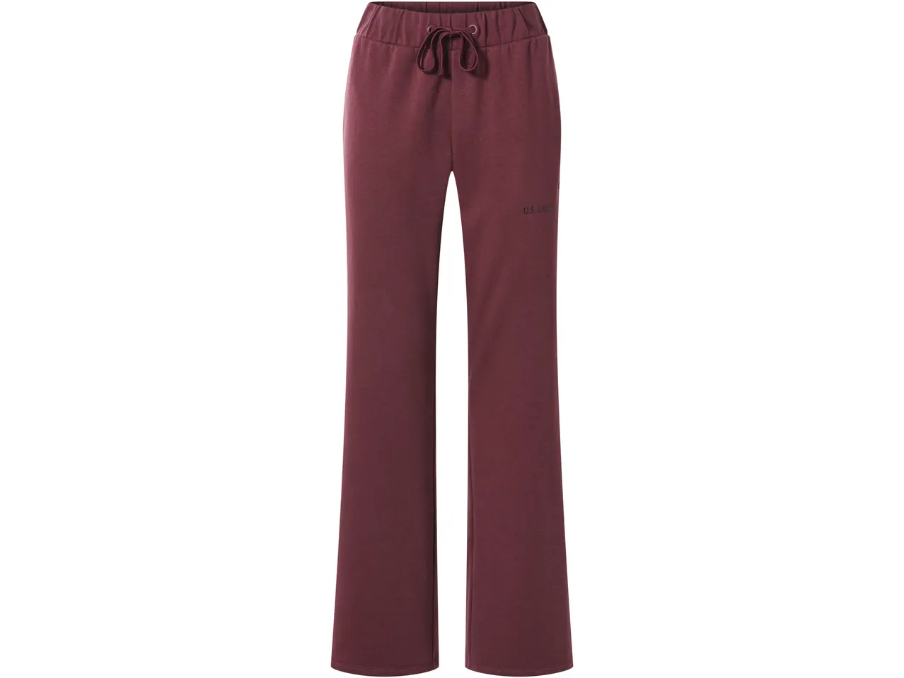 Sieviešu bordo sporta bikses ar savelkamu auklu un uzrakstu 'U.S. GRAND'.