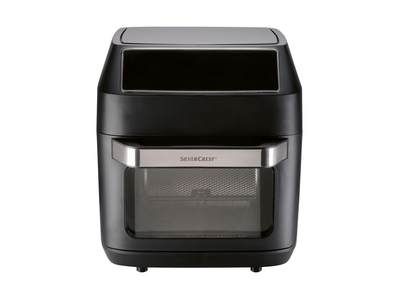 A black SilverCrest air fryer with a transparent window and a silver handle.