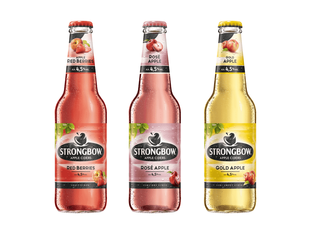 Drei Strongbow Apfelwein-Flaschen: Rote Beeren, Rosé Apfel und Gold Apfel.