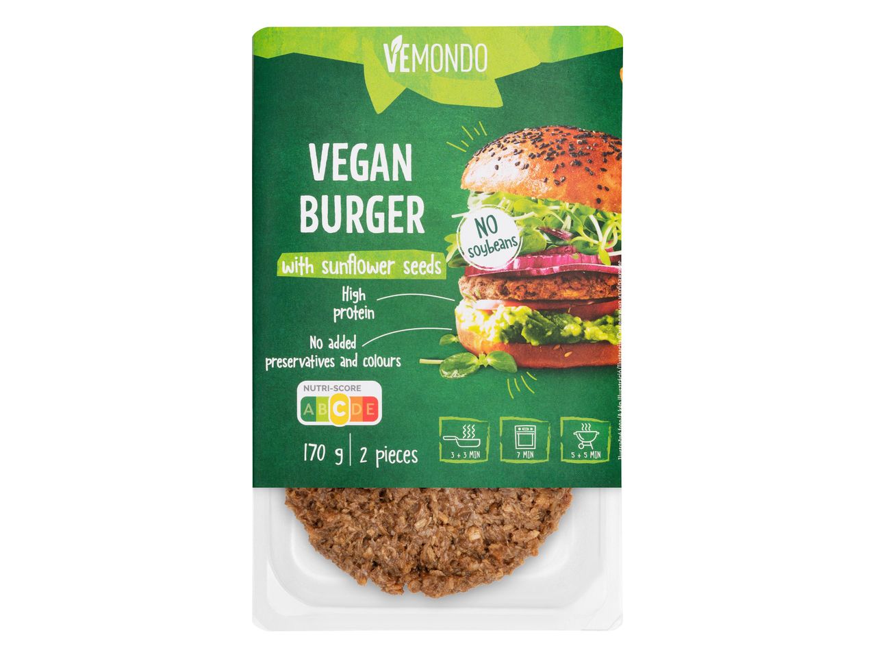 Vemondo vegán burger napraforgómaggal, magas fehérjetartalommal, tartósítószer és színezék nélkül.