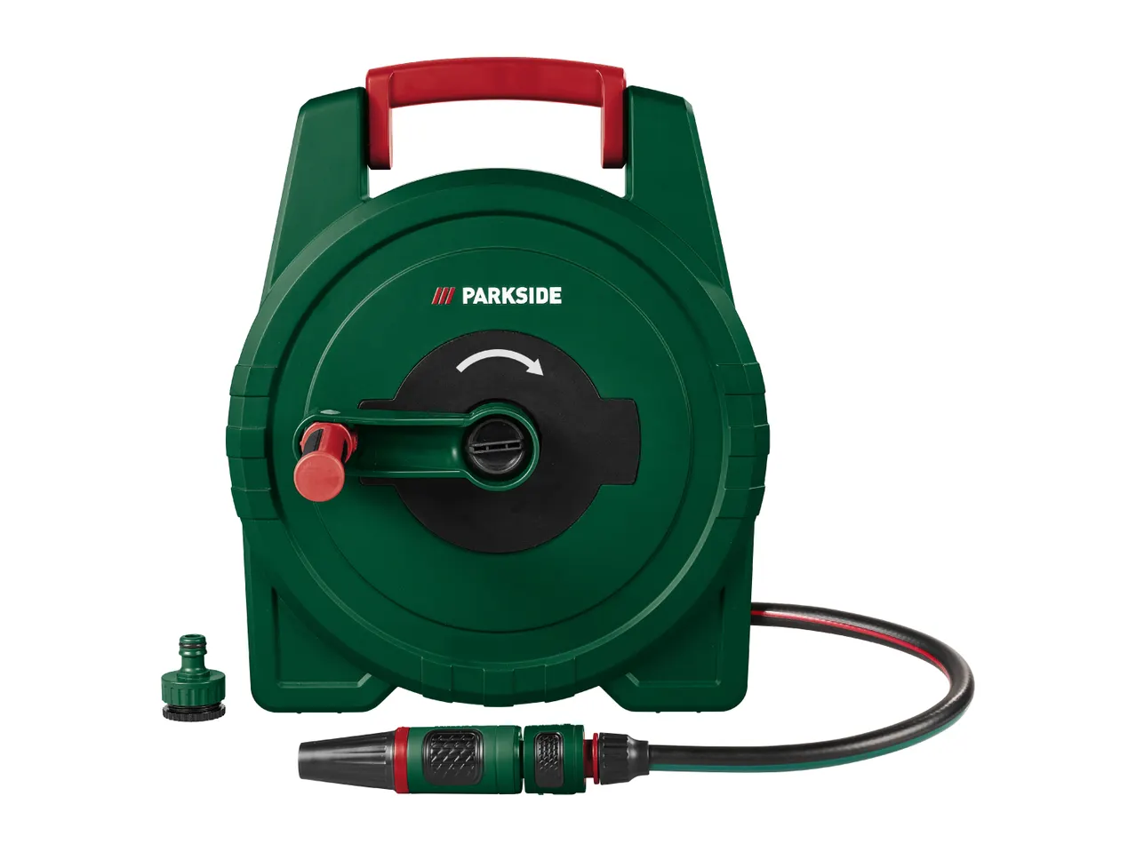 Green hose reel with a red handle, hose, and nozzle attachments.