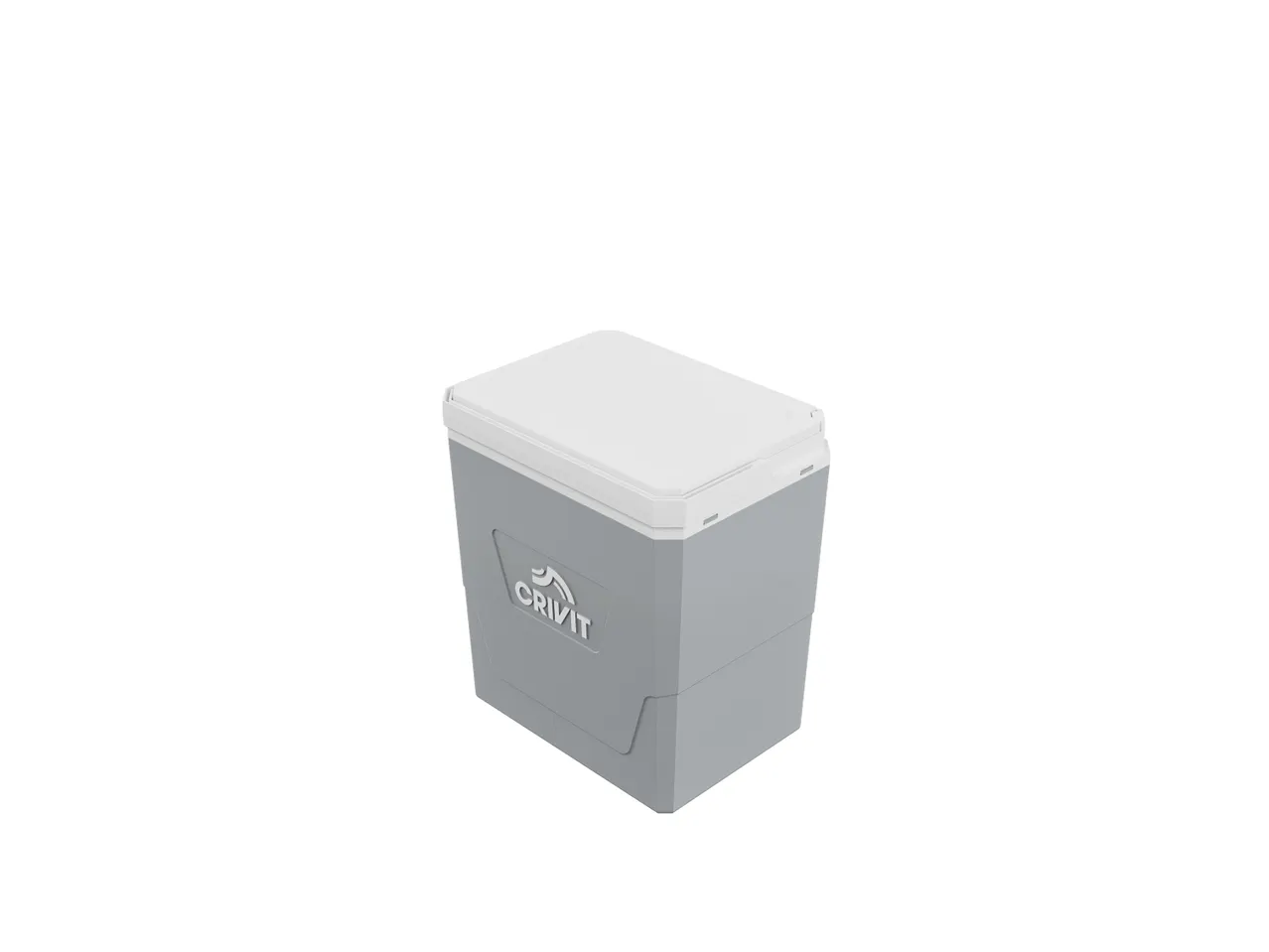 A gray Crivit Cool box with a white lid sits on a white background.