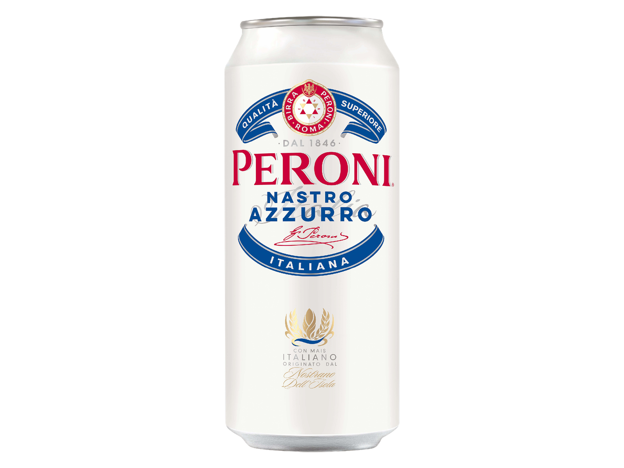 Бяла кенче бира с червен и син етикет, надпис „Nastro Azzurro“ и „Italiana“.