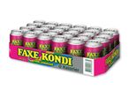 En bakke med 24 lyserøde sodavandsdåser med teksten '0 Kalorier' og 'Pink Lemonade'.