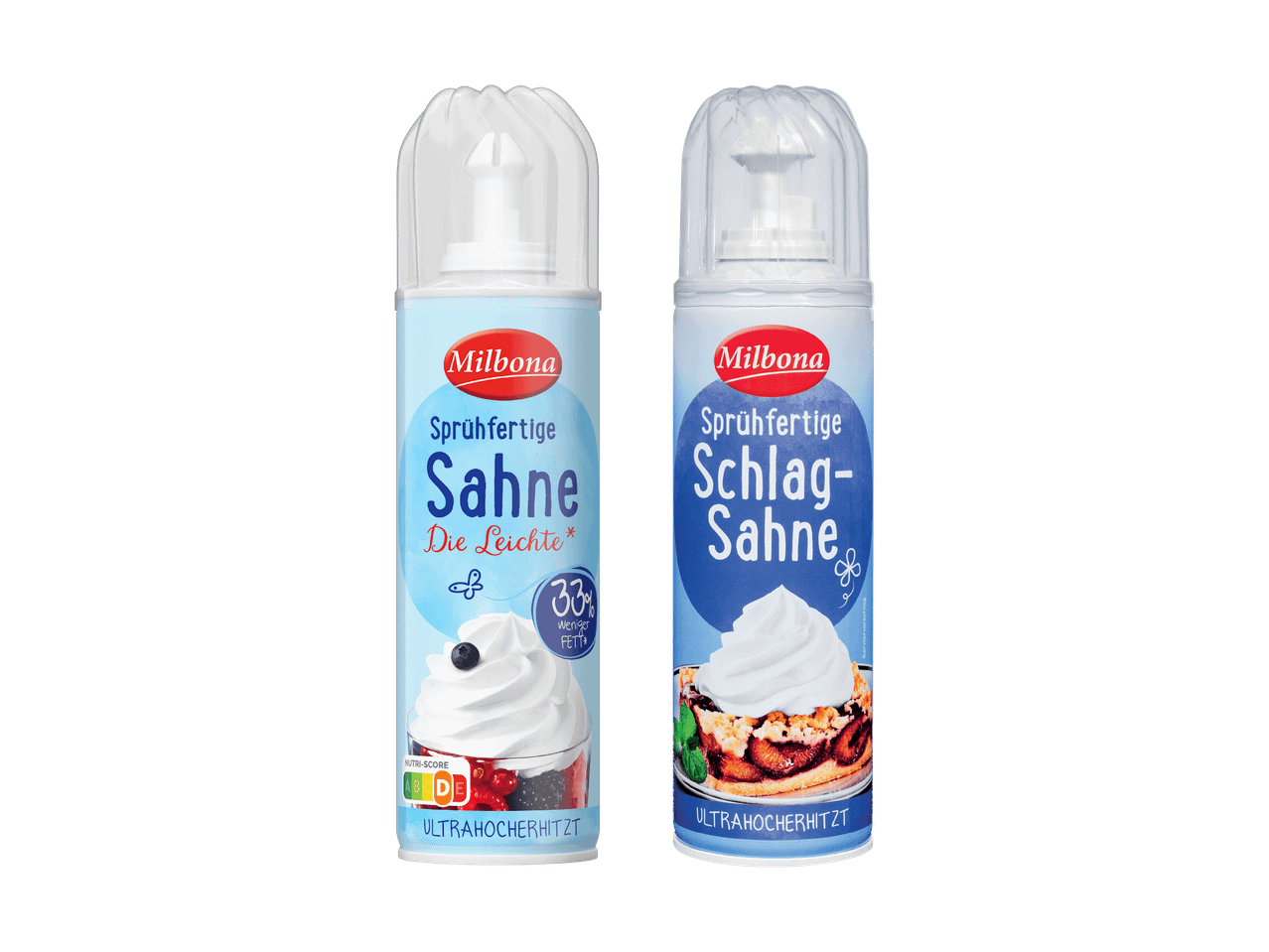 Zwei Dosen Milbona Sprühsahne, eine leichte und eine Schlagsahne.