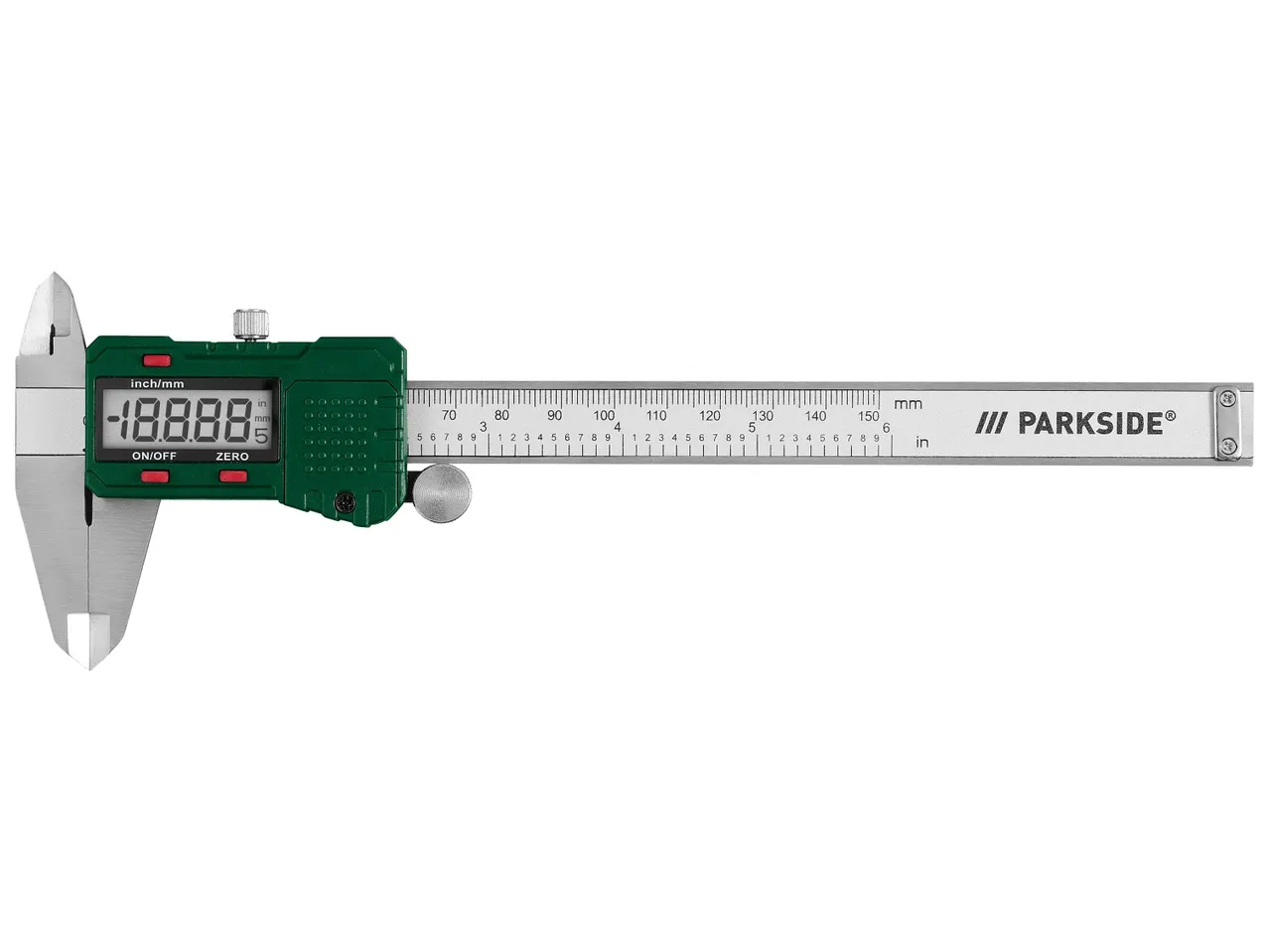 Дигитален шублер Parkside с дисплей, показващ -18.888 mm, и скала до 150 mm/6 инча.
